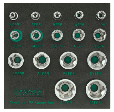 Набор торцевых головок TORX Plus EPR 1/4",3/8",1/2" 5-ти лучевые, 6EPR-32EPR, 16 пр. на ложементе TOPTUL GABF1601 Набор торцевых головок TORX Plus EPR 1/4",3/8",1/2" 5-ти лучевые, 6EPR-32EPR, 16 пр. на ложементе TOPTUL GABF1601