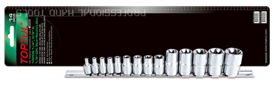 Набор торцевых головок 1/4", 3/8", 1/2" E4-E24, 14 предметов на планке TOPTUL Набор торцевых головок 1/4", 3/8", 1/2" E4-E24, 14 предметов на планке TOPTUL